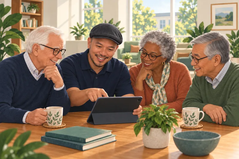 Illustration of a diverse group of older adults learning with John Dela Guardia at a community technology workshop.
