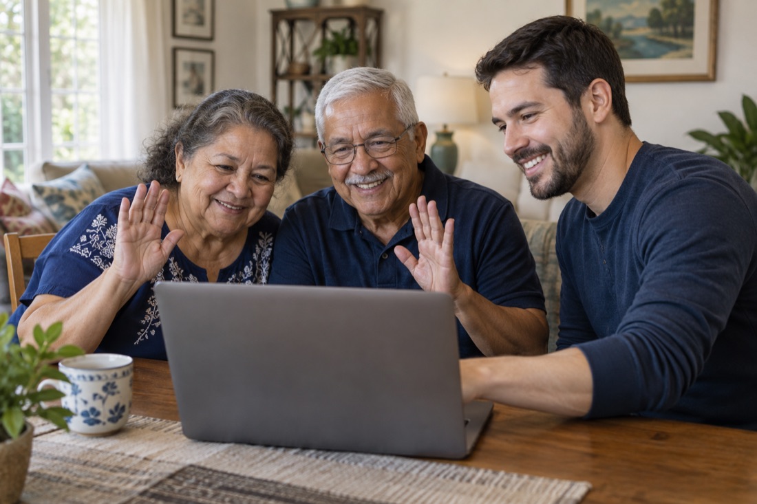 An older couple waving during a laptop video call with a male technology tutor beside them.