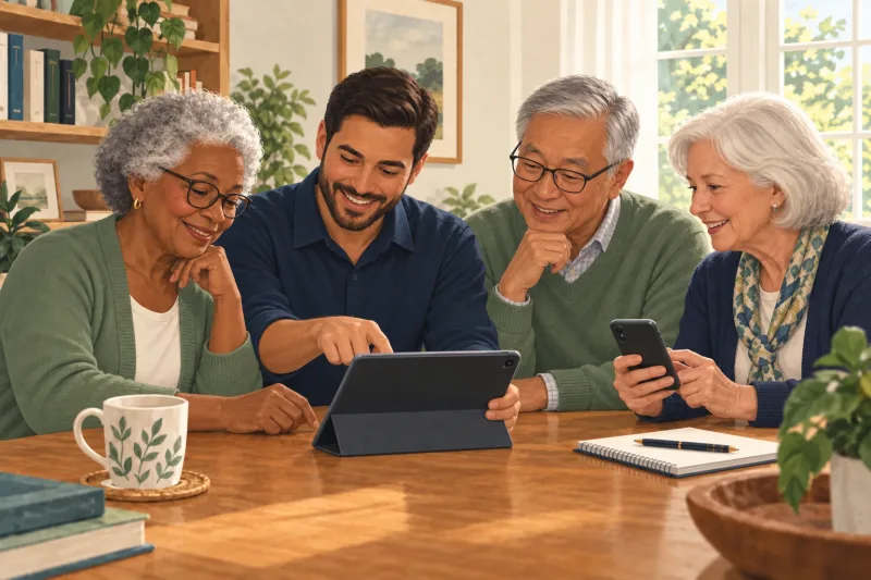 Illustration of a male technology coach helping three diverse older adults learn to use a tablet and smartphone.