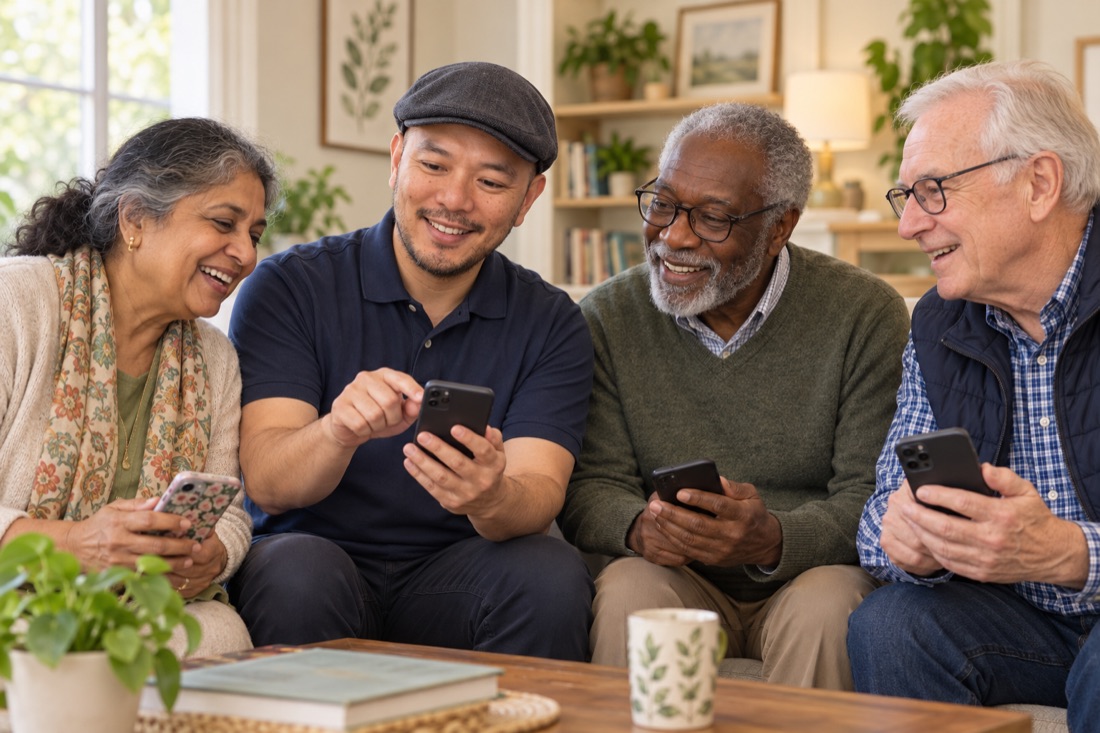 Illustrative scene of John Dela Guardia guiding a diverse group of older adults through smartphone features.