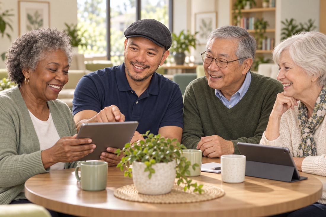 Illustrative scene of John Dela Guardia helping a diverse group of older adults learn to use tablets.