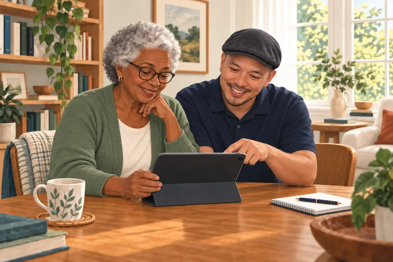 Illustration of an older Black woman learning to use a tablet with a patient male technology coach.