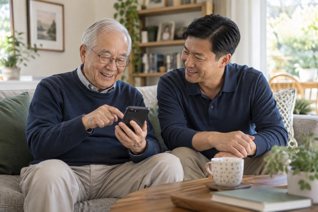 An older man learning to use his smartphone with a male technology tutor.