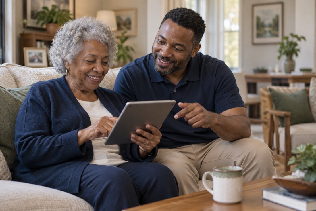 An older woman exploring a tablet with a patient male technology tutor.