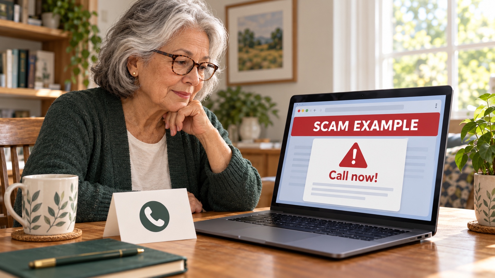 Illustration of a calm older adult pausing at a laptop showing a clearly labeled scam example.