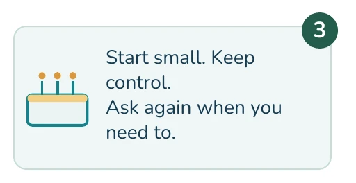 Illustrated example: Start small. Keep control. Ask again when you need to.