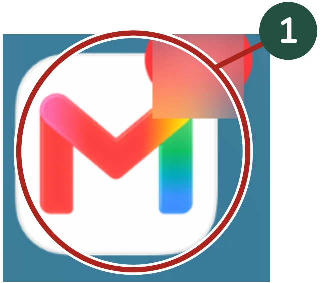 Enlarged detail for Step 1: The Gmail app icon. The same area is circled.