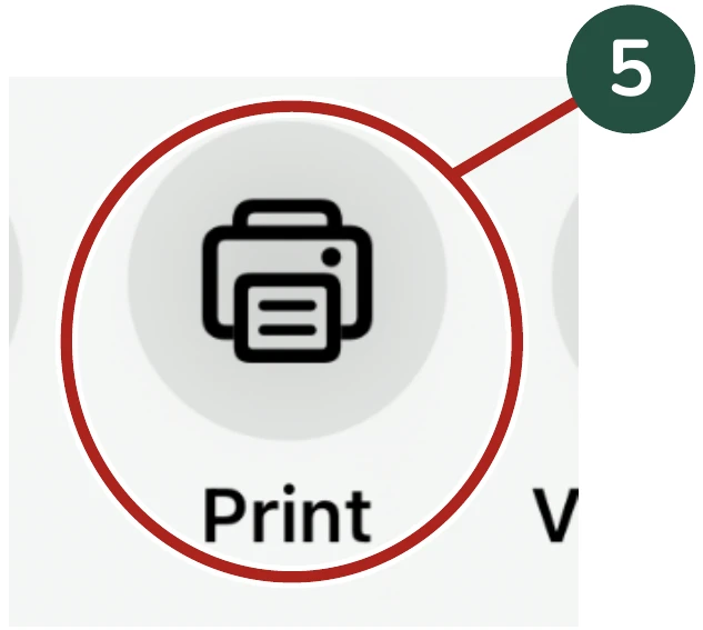 Enlarged detail for Step 5: The Print choice in the sharing menu. The same area is circled.