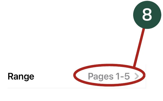 Enlarged detail for Step 8: The page range setting. The same area is circled.