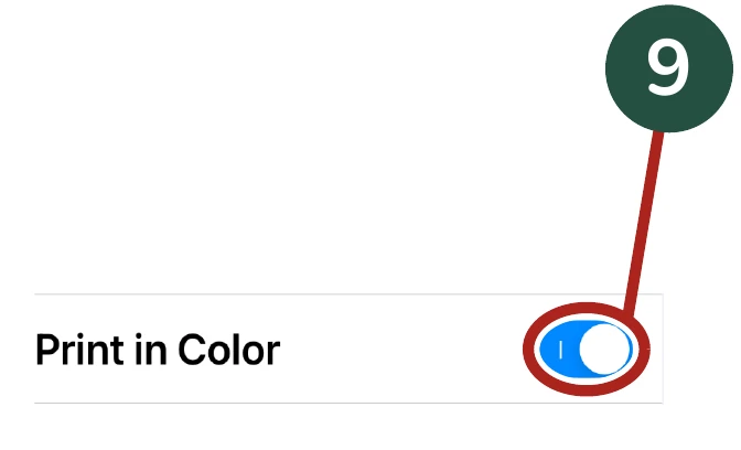 Enlarged detail for Step 9: The color printing switch. The same area is circled.