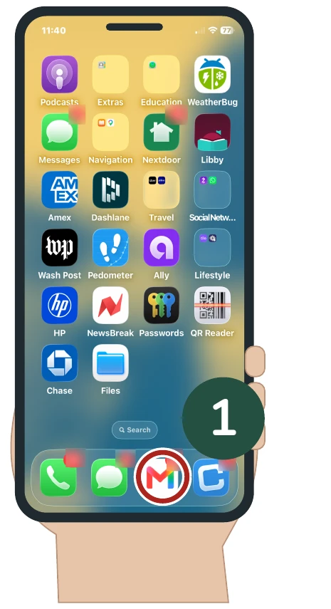 Whole iPhone view for Step 1, with the relevant area circled and marked 1.