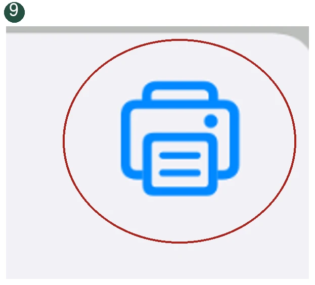 Detail 9: Tap Print once. The relevant control is circled.