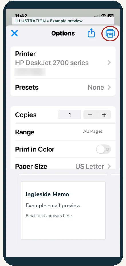 Whole iPhone view for step 9: Tap Print once.