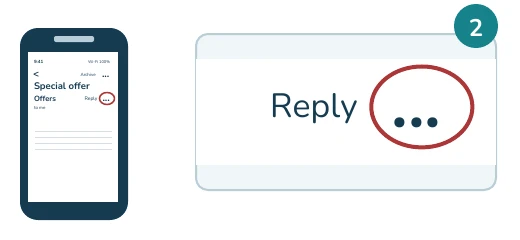 Simplified Gmail on iPhone illustration: Tap the SENDER'S dots. Whole phone and enlarged highlighted control.