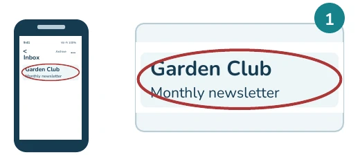 Simplified Gmail on iPhone illustration: Open a trusted newsletter. Whole phone and enlarged highlighted control.