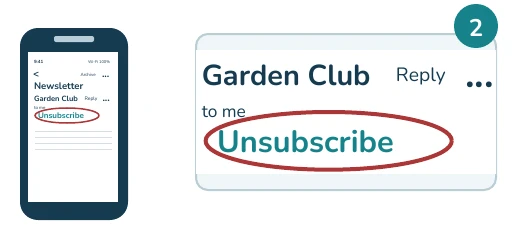 Simplified Gmail on iPhone illustration: Tap Gmail's Unsubscribe. Whole phone and enlarged highlighted control.