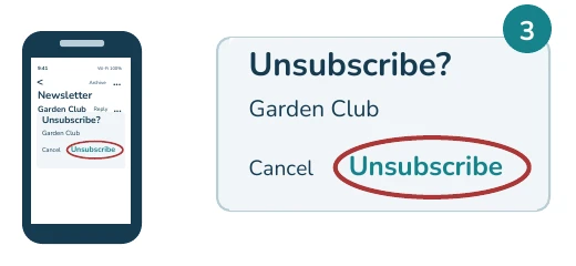 Simplified Gmail on iPhone illustration: Confirm Unsubscribe. Whole phone and enlarged highlighted control.