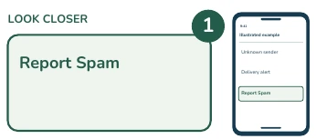 Illustrated phone and enlarged detail: Report Spam.