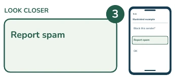 Illustrated phone and enlarged detail: Report spam.