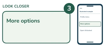 Illustrated phone and enlarged detail: More options.