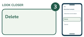 Illustrated phone and enlarged detail: Delete.