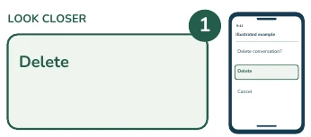 Illustrated phone and enlarged detail: Delete.