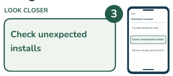 Illustrated phone and enlarged detail: Check unexpected installs.