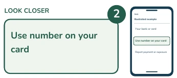 Illustrated phone and enlarged detail: Use number on your card.