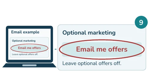 Fictional computer email example with enlarged highlighted detail: Email me offers. Leave optional offers off.