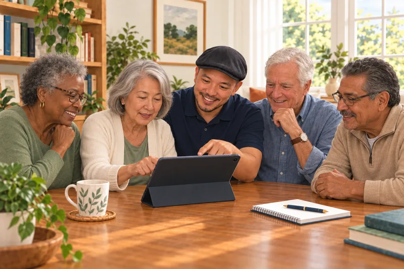 A diverse group of older adults learning to use a tablet with a technology instructor.
