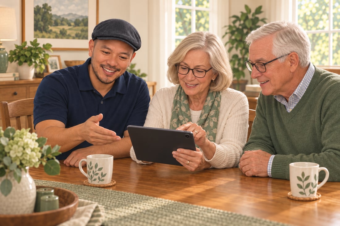 Illustration of John Dela Guardia helping an older husband and wife use a tablet.