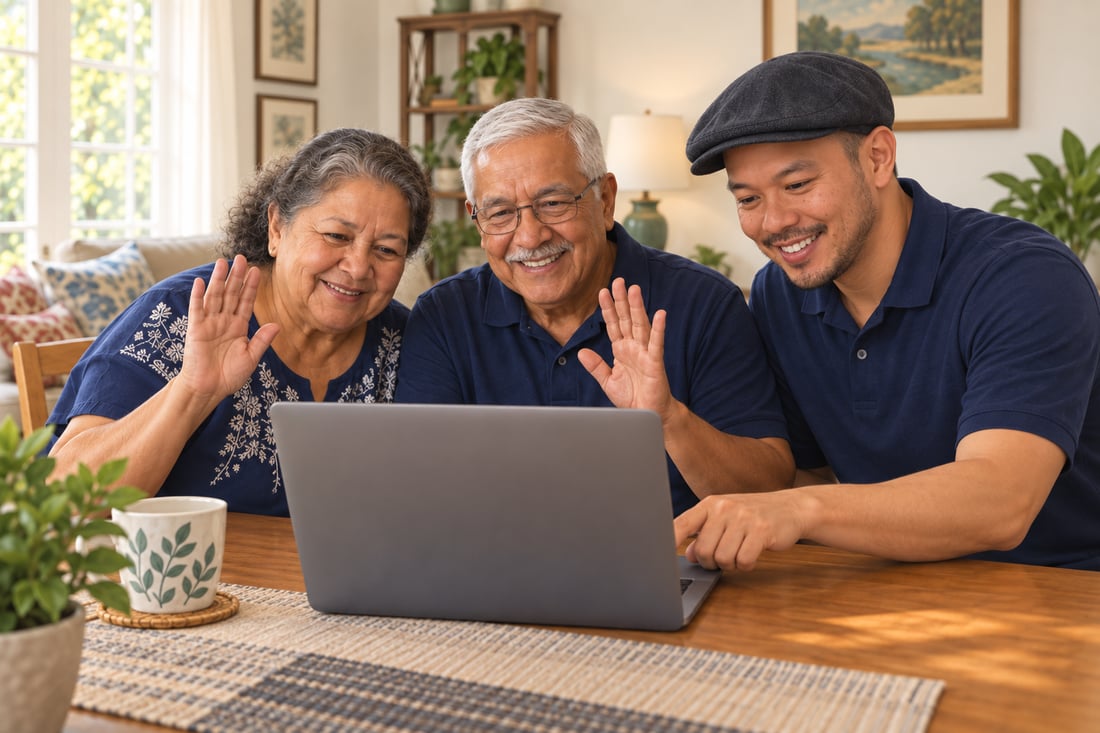 Illustration of an older couple waving during a laptop video call with John Dela Guardia beside them.
