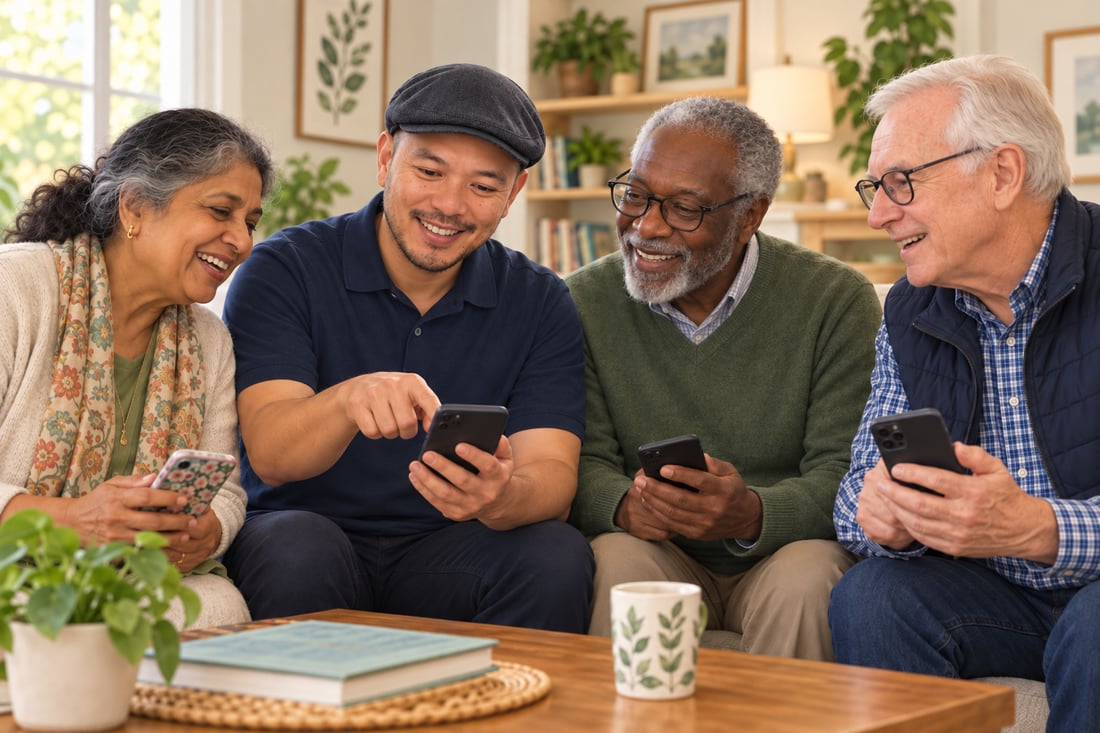 Illustrative scene of John Dela Guardia guiding a diverse group of older adults through smartphone features.