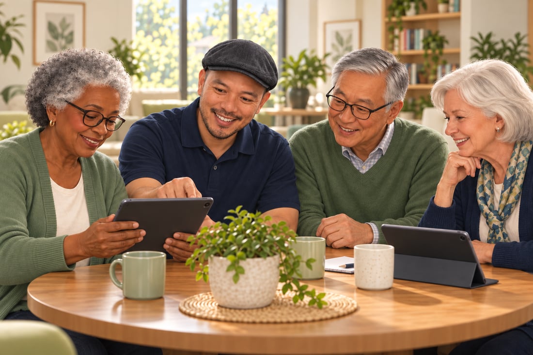Illustrative scene of John Dela Guardia helping a diverse group of older adults learn to use tablets.