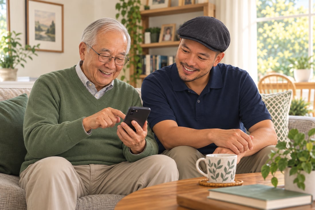 Illustration of an older man learning to use his smartphone with John Dela Guardia.